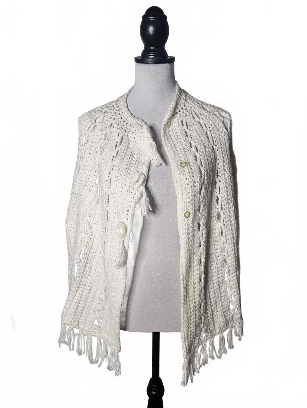 White Hand-Knit Crochet Button-Up Cape with Tassels